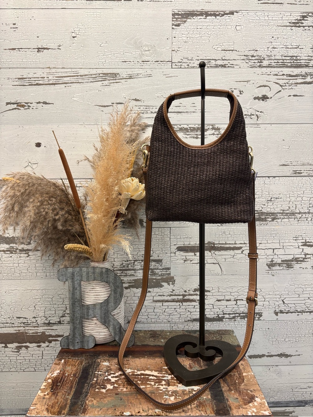 J. Jill NWT Dark Brown Woven Crossbody Bag with Tan Leather Trim